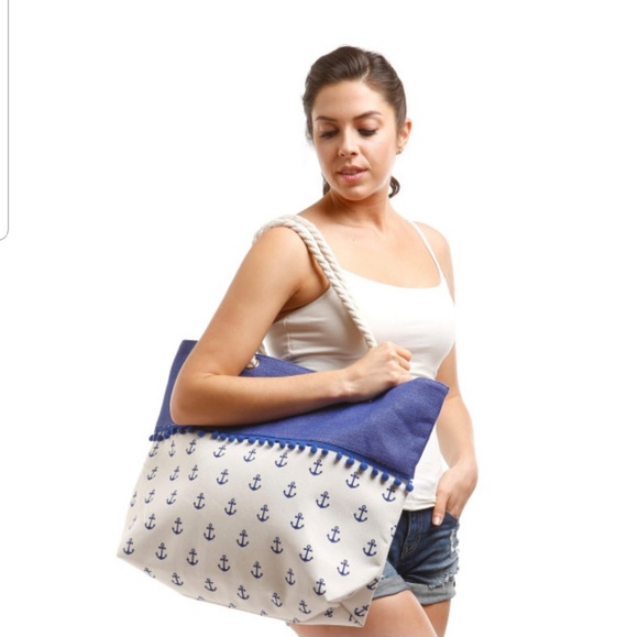 Handbags - Anchors Away Tote with Pom Poms